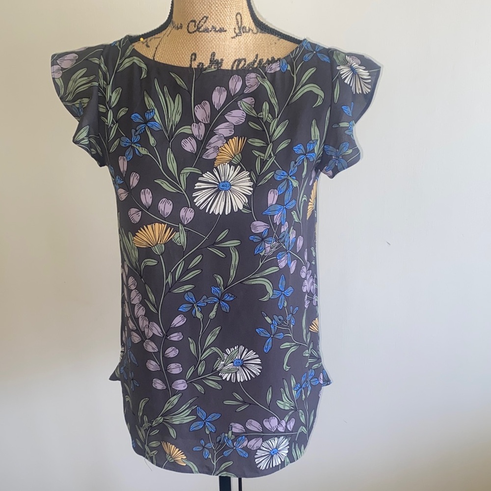 LOFT Black Floral Blouse with Blue and Yellow Accents
